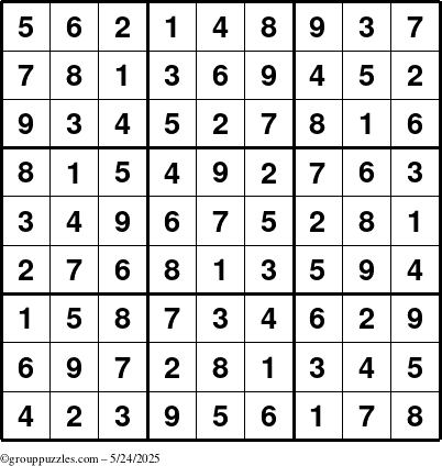 The grouppuzzles.com Answer grid for the Sudoku puzzle for Saturday May 24, 2025