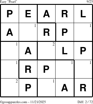 The grouppuzzles.com Easy Pearl puzzle for Friday November 21, 2025 with the first 2 steps marked