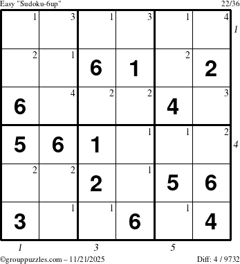 The grouppuzzles.com Easy Sudoku-6up puzzle for Friday November 21, 2025 with all 4 steps marked