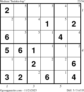 The grouppuzzles.com Medium Sudoku-6up puzzle for Friday November 21, 2025 with all 5 steps marked