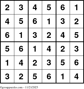 The grouppuzzles.com Answer grid for the Sudoku-6up puzzle for Friday November 21, 2025