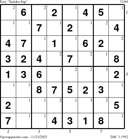 The grouppuzzles.com Easy Sudoku-8up puzzle for Friday November 21, 2025 with all 3 steps marked