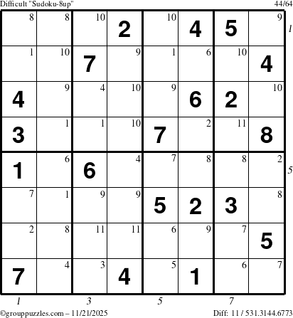 The grouppuzzles.com Difficult Sudoku-8up puzzle for Friday November 21, 2025, suitable for printing, with all 11 steps marked