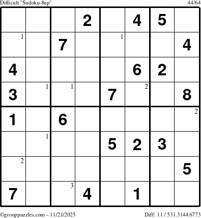 The grouppuzzles.com Difficult Sudoku-8up puzzle for Friday November 21, 2025 with the first 3 steps marked