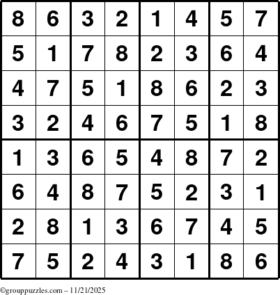 The grouppuzzles.com Answer grid for the Sudoku-8up puzzle for Friday November 21, 2025