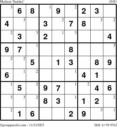 The grouppuzzles.com Medium Sudoku puzzle for Friday November 21, 2025 with the first 3 steps marked