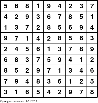 The grouppuzzles.com Answer grid for the Sudoku puzzle for Friday November 21, 2025