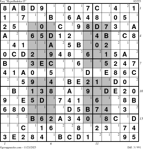 The grouppuzzles.com Easy HyperSudoku-15 puzzle for Friday November 21, 2025 with all 3 steps marked