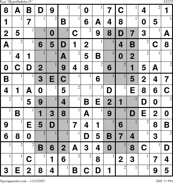 The grouppuzzles.com Easy HyperSudoku-15 puzzle for Friday November 21, 2025 with the first 3 steps marked