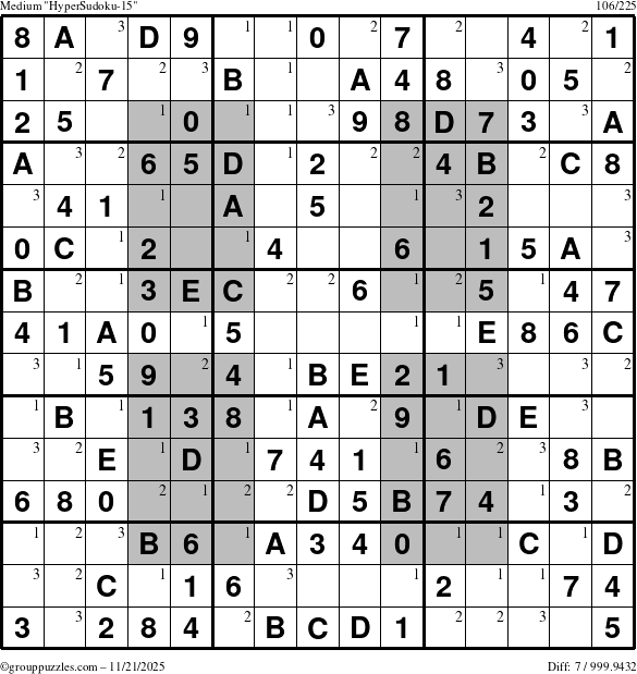 The grouppuzzles.com Medium HyperSudoku-15 puzzle for Friday November 21, 2025 with the first 3 steps marked