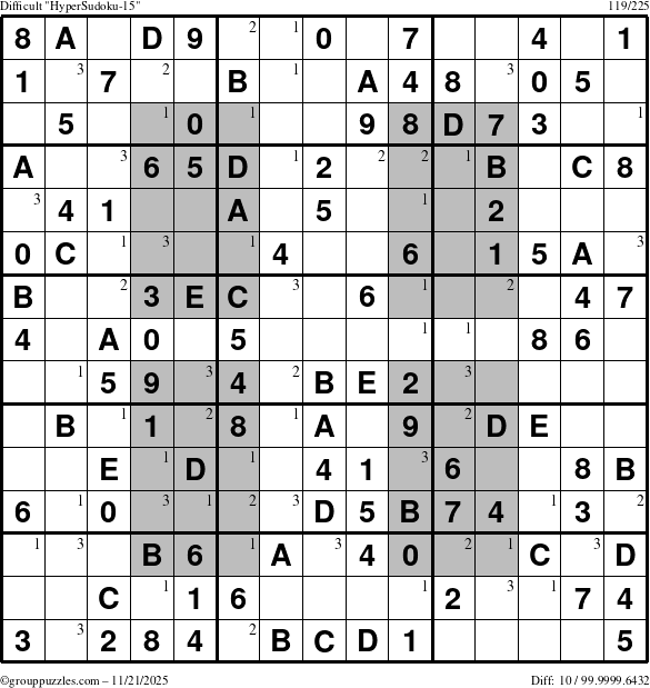 The grouppuzzles.com Difficult HyperSudoku-15 puzzle for Friday November 21, 2025 with the first 3 steps marked
