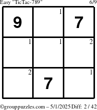 The grouppuzzles.com Easy TicTac-789 puzzle for Thursday May 1, 2025 with the first 2 steps marked