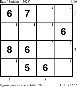 The grouppuzzles.com Easy Sudoku-4-5678 puzzle for Monday April 6, 2026 with all 3 steps marked