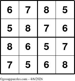 The grouppuzzles.com Answer grid for the Sudoku-4-5678 puzzle for Monday April 6, 2026