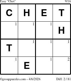The grouppuzzles.com Easy Chet puzzle for Monday April 6, 2026 with the first 2 steps marked
