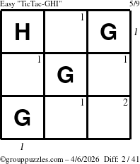 The grouppuzzles.com Easy TicTac-GHI puzzle for Monday April 6, 2026 with all 2 steps marked
