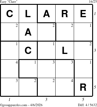 The grouppuzzles.com Easy Clare puzzle for Monday April 6, 2026 with all 4 steps marked