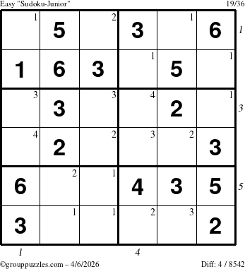 The grouppuzzles.com Easy Sudoku-Junior puzzle for Monday April 6, 2026 with all 4 steps marked