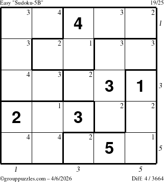 The grouppuzzles.com Easy Sudoku-5B puzzle for Monday April 6, 2026 with all 4 steps marked