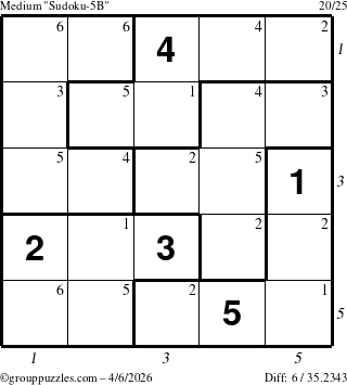 The grouppuzzles.com Medium Sudoku-5B puzzle for Monday April 6, 2026 with all 6 steps marked