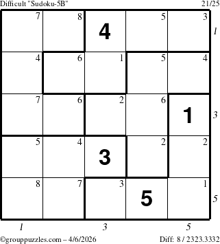 The grouppuzzles.com Difficult Sudoku-5B puzzle for Monday April 6, 2026, suitable for printing, with all 8 steps marked