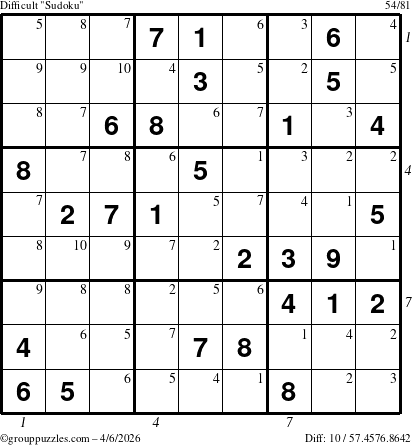 The grouppuzzles.com Difficult Sudoku puzzle for Monday April 6, 2026, suitable for printing, with all 10 steps marked