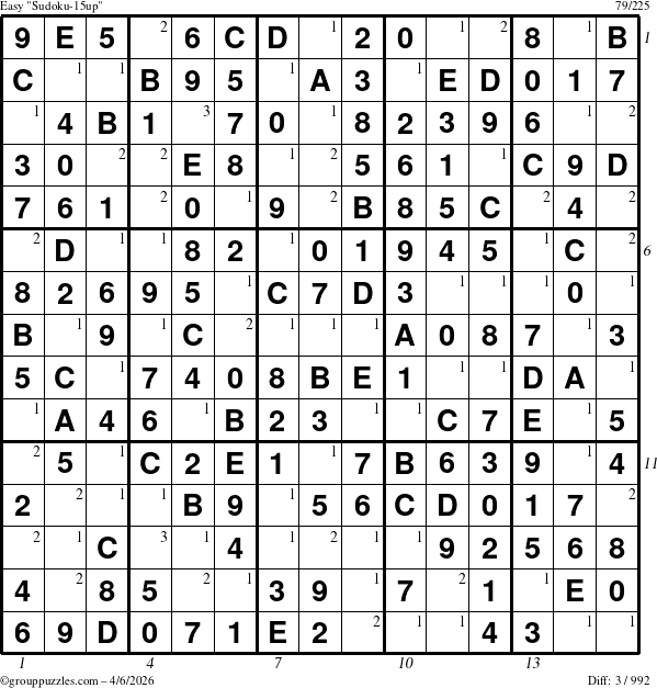 The grouppuzzles.com Easy Sudoku-15up puzzle for Monday April 6, 2026, suitable for printing, with all 3 steps marked