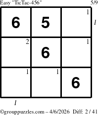 The grouppuzzles.com Easy TicTac-456 puzzle for Monday April 6, 2026, suitable for printing, with all 2 steps marked