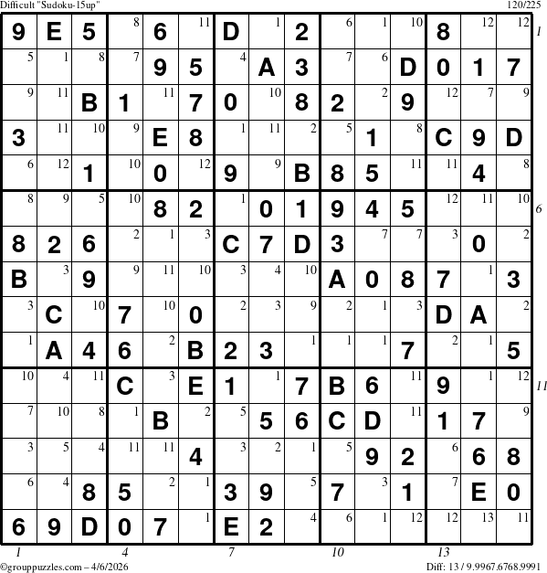 The grouppuzzles.com Difficult Sudoku-15up puzzle for Monday April 6, 2026, suitable for printing, with all 13 steps marked