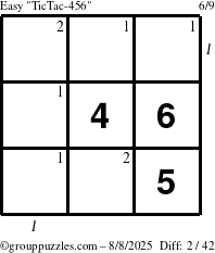 The grouppuzzles.com Easy TicTac-456 puzzle for Friday August 8, 2025, suitable for printing, with all 2 steps marked