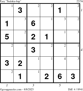 The grouppuzzles.com Easy Sudoku-6up puzzle for Friday August 8, 2025, suitable for printing, with all 4 steps marked