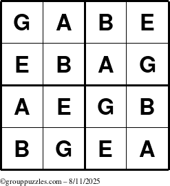 The grouppuzzles.com Answer grid for the Gabe puzzle for Monday August 11, 2025