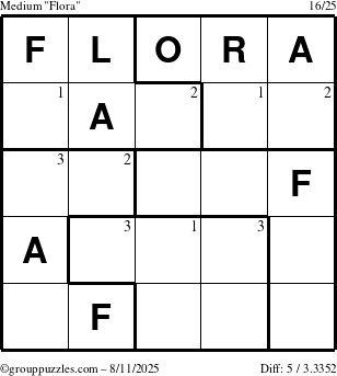 The grouppuzzles.com Medium Flora puzzle for Monday August 11, 2025 with the first 3 steps marked