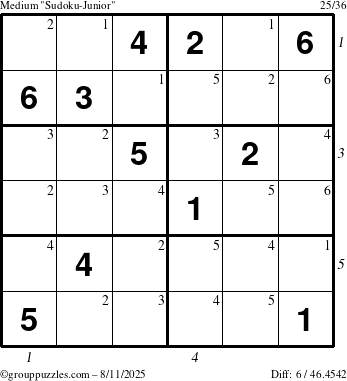 The grouppuzzles.com Medium Sudoku-Junior puzzle for Monday August 11, 2025 with all 6 steps marked