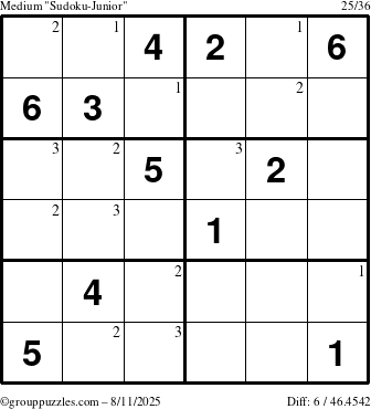 The grouppuzzles.com Medium Sudoku-Junior puzzle for Monday August 11, 2025 with the first 3 steps marked