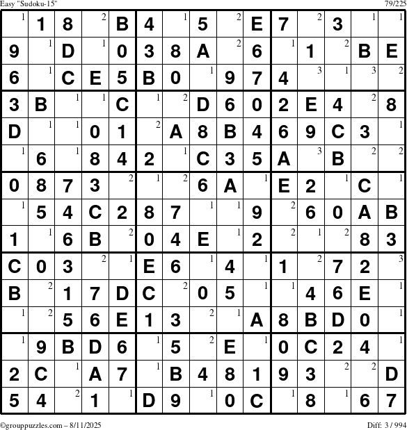 The grouppuzzles.com Easy Sudoku-15 puzzle for Monday August 11, 2025 with the first 3 steps marked