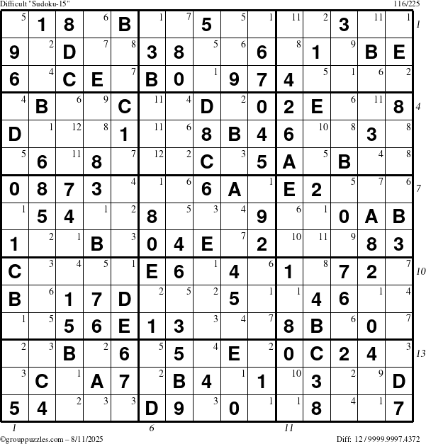 The grouppuzzles.com Difficult Sudoku-15 puzzle for Monday August 11, 2025, suitable for printing, with all 12 steps marked