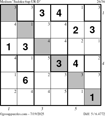 The grouppuzzles.com Medium Sudoku-6up-UR-D puzzle for Saturday July 19, 2025, suitable for printing, with all 5 steps marked