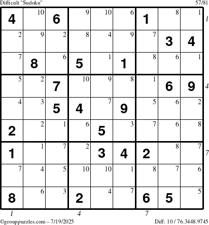 The grouppuzzles.com Difficult Sudoku puzzle for Saturday July 19, 2025, suitable for printing, with all 10 steps marked