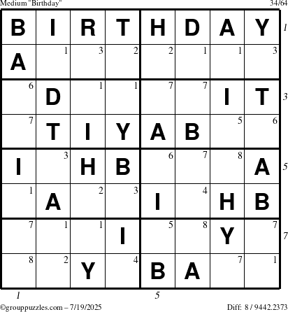 The grouppuzzles.com Medium Birthday puzzle for Saturday July 19, 2025, suitable for printing, with all 8 steps marked