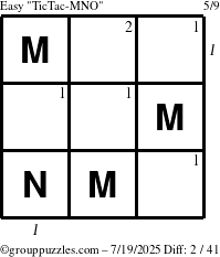 The grouppuzzles.com Easy TicTac-MNO puzzle for Saturday July 19, 2025, suitable for printing, with all 2 steps marked