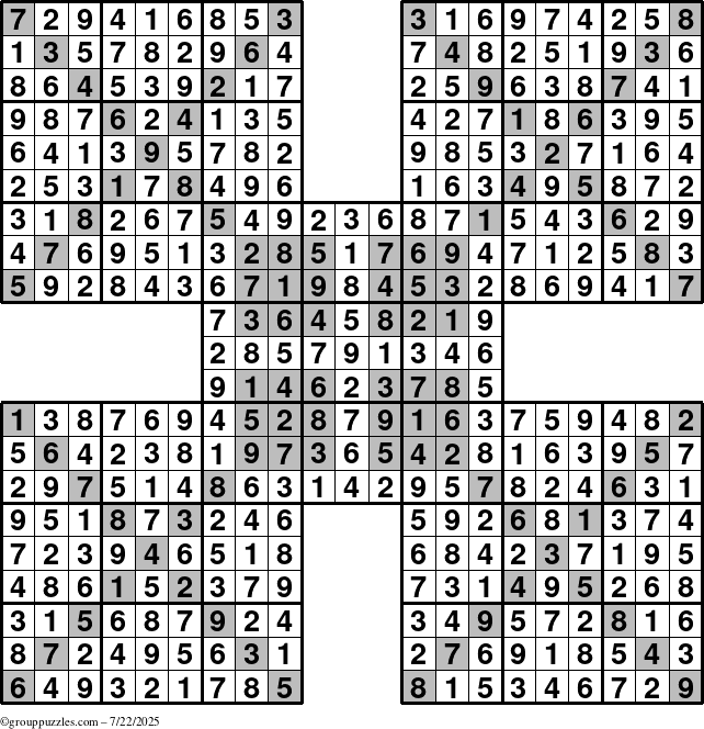 The grouppuzzles.com Answer grid for the HyperSudoku-Xtreme puzzle for Tuesday July 22, 2025