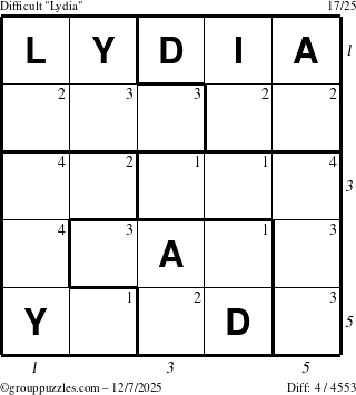 The grouppuzzles.com Difficult Lydia puzzle for Sunday December 7, 2025, suitable for printing, with all 4 steps marked