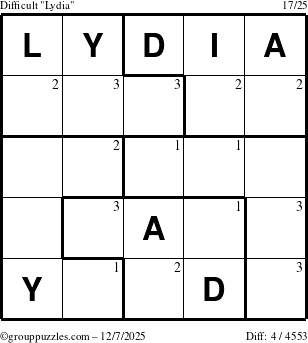 The grouppuzzles.com Difficult Lydia puzzle for Sunday December 7, 2025 with the first 3 steps marked