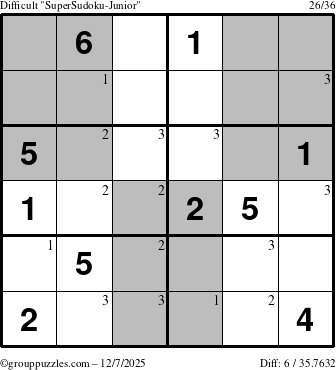 The grouppuzzles.com Difficult SuperSudoku-Junior puzzle for Sunday December 7, 2025 with the first 3 steps marked