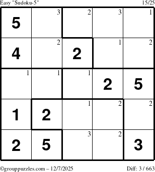 The grouppuzzles.com Easy Sudoku-5 puzzle for Sunday December 7, 2025 with the first 3 steps marked