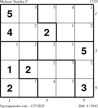 The grouppuzzles.com Medium Sudoku-5 puzzle for Sunday December 7, 2025, suitable for printing, with all 4 steps marked
