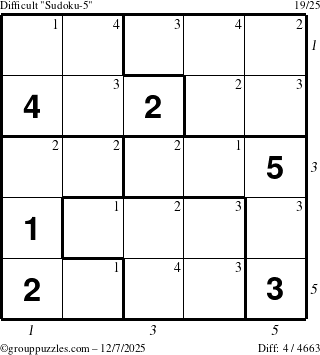 The grouppuzzles.com Difficult Sudoku-5 puzzle for Sunday December 7, 2025 with all 4 steps marked