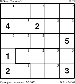 The grouppuzzles.com Difficult Sudoku-5 puzzle for Sunday December 7, 2025 with the first 3 steps marked