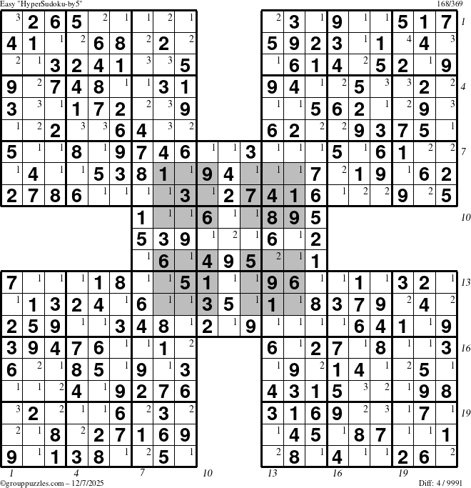 The grouppuzzles.com Easy HyperSudoku-by5 puzzle for Sunday December 7, 2025 with all 4 steps marked